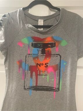 Gray Graphic Midi Dress with CC logo and Colorful Perfume Bottle Print